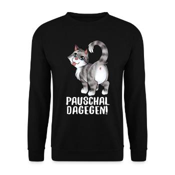 Paschal dagegen - Lustige freche Katze zeigt Popo - Unisex Pullover - Schwarz - Vorne - Alina (178cm) & Michal (187cm)