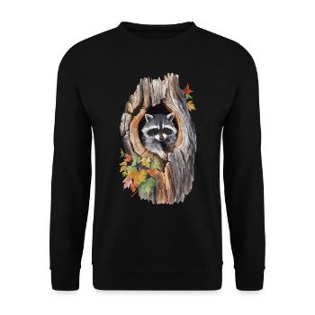 Niedlicher Waschbär in hohlem Baum für einen - Unisex Pullover - Schwarz - Vorne - Alina (178cm) & Michal (187cm)
