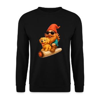 Cooler Zwerg mit Hund auf Joint fliegend - Weed - Unisex Pullover - Schwarz - Vorne - Alina (178cm) & Michal (187cm)