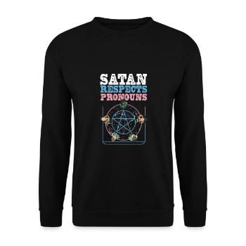 Satan Respektiert Pronomen Satanisches Pentagramm - Unisex Pullover - Schwarz - Vorne - Alina (178cm) & Michal (187cm)