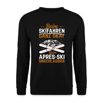 Beim Skifahren okay bei Après Ski unschlagbar - Unisex Pullover - Schwarz - Vorne - Alina (178cm) & Michal (187cm)