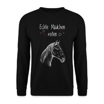 Echte Mädchen reiten. Pferd Pferdemädchen - Unisex Pullover - Schwarz - Vorne - Alina (178cm) & Michal (187cm)