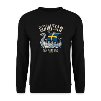 Schweden ruft ich muss los Spruch - Unisex Pullover - Schwarz - Vorne - Alina (178cm) & Michal (187cm)