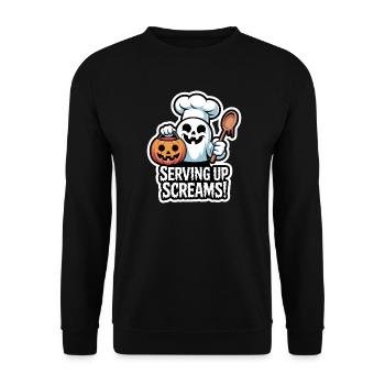 Chef Boo – Spooky Cute Halloween Ghost Spoon - Unisex Pullover - Schwarz - Vorne - Alina (178cm) & Michal (187cm)