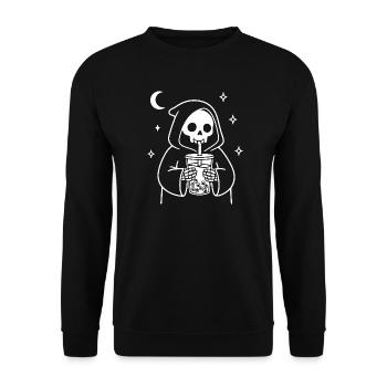 Sensenmann mit Bubble-Eye Tea - Unisex Pullover - Schwarz - Vorne - Alina (178cm) & Michal (187cm)