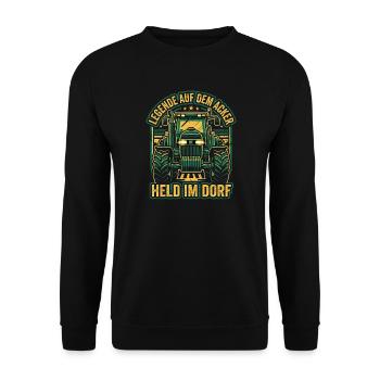 Traktor Spruch - Legende auf dem Acker & Dorfheld - Unisex Pullover - Schwarz - Vorne - Alina (178cm) & Michal (187cm)