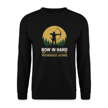 Bow in Hand - Retro Bogenschießen - Unisex Pullover - Schwarz - Vorne - Alina (178cm) & Michal (187cm)