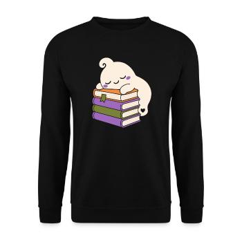 Schlafender Halloween Geist mit Büchern - Unisex Pullover - Schwarz - Vorne - Alina (178cm) & Michal (187cm)