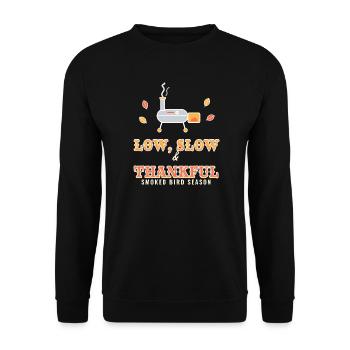 Niedriger, langsamer und dankbarer Thanksgiving-BBQ-Raucher - Unisex Pullover - Schwarz - Vorne - Alina (178cm) & Michal (187cm)