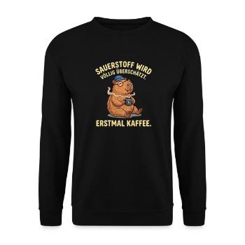 Lustiges Kaffee T-Shirt mit Capybara & Brille - Unisex Pullover - Schwarz - Vorne - Alina (178cm) & Michal (187cm)