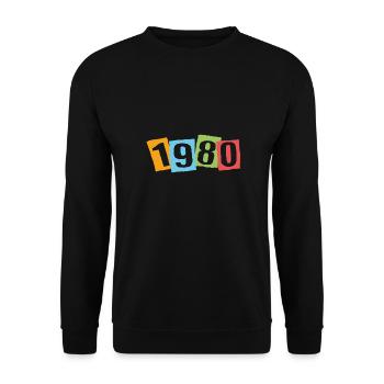 Geboren 1980 – Geburtstag mit großen bunten Zahlen - Unisex Pullover - Schwarz - Vorne - Alina (178cm) & Michal (187cm)