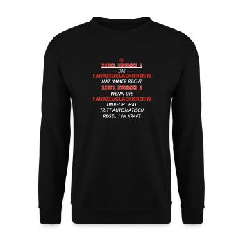 GESCHENK REGEL HAT RECHT Fahrzeuglackiererin - Unisex Pullover - Schwarz - Vorne - Alina (178cm) & Michal (187cm)