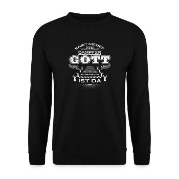 KNIET NIEDER DER GOTT GESCHENK DAMPFER - Unisex Pullover - Schwarz - Vorne - Alina (178cm) & Michal (187cm)