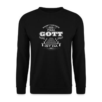 KNIET NIEDER DER GOTT GESCHENK PIZZA - Unisex Pullover - Schwarz - Vorne - Alina (178cm) & Michal (187cm)