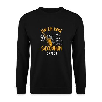 Jazz Musiker Jungen Geschenk Musik Noten Saxophon - Unisex Pullover - Schwarz - Vorne - Alina (178cm) & Michal (187cm)
