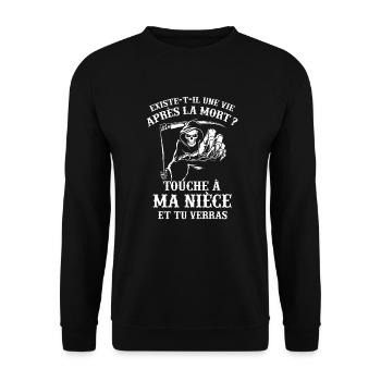 T-shirt Tante / Oncle - Touche à ma Nièce - Sweat-shirt Unisexe - noir - Devant - Alina (178cm) & Michal (187cm)
