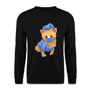 Süsse Krankenschwester Katze mit Mundschutz. - Unisex Pullover - Schwarz - Vorne - Alina (178cm) & Michal (187cm)