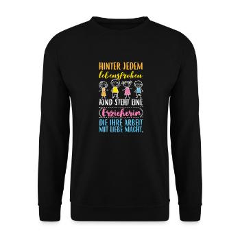 lebensfrohes Kind - Erzieherin mit Liebe - Unisex Pullover - Schwarz - Vorne - Alina (178cm) & Michal (187cm)
