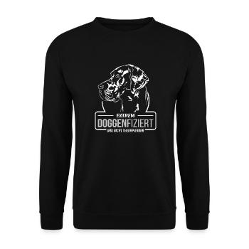DOGGENFIZIERT Deutsche Dogge Hundespruch Wilsigns - Unisex Pullover - Schwarz - Vorne - Alina (178cm) & Michal (187cm)