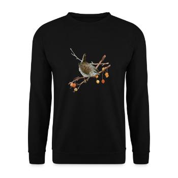 Liebevoll handgemalter Zaunkönig auf einem Zweig - Unisex Pullover - Schwarz - Vorne - Alina (178cm) & Michal (187cm)