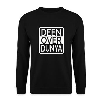 DEEN OVER DUNYA, "Glaube über die Welt" - Unisex Pullover - Schwarz - Vorne - Alina (178cm) & Michal (187cm)