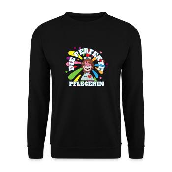 Altenpflege, fröhliche Pflegerin, bunt, Senioren - Unisex Pullover - Schwarz - Vorne - Alina (178cm) & Michal (187cm)