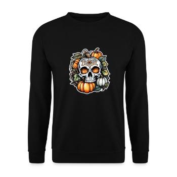 Halloween - Skelett und Kürbis - Unisex Pullover - Schwarz - Vorne - Alina (178cm) & Michal (187cm)