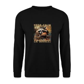 keep calm eat burgers,waschbär,burger,fast food - Unisex Pullover - Schwarz - Vorne - Alina (178cm) & Michal (187cm)