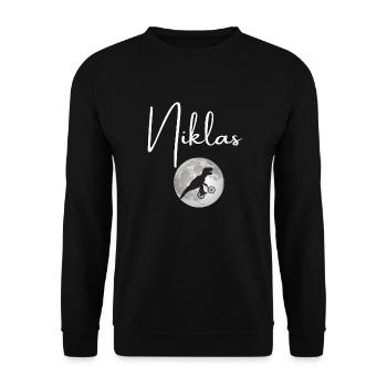 NIKLAS - Schöner Jungen Name mit Dinosaurier - Unisex Pullover - Schwarz - Vorne - Alina (178cm) & Michal (187cm)