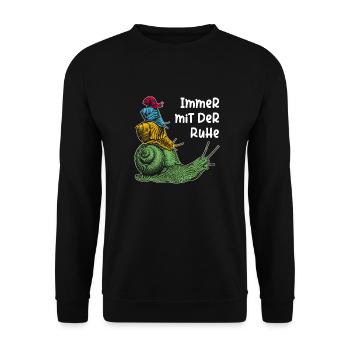 Immer mit der Ruhe mit Schnecken und Spruch - Unisex Pullover - Schwarz - Vorne - Alina (178cm) & Michal (187cm)