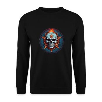Schädel und Pentagramm Flammen im Kreis - Unisex Pullover - Schwarz - Vorne - Alina (178cm) & Michal (187cm)