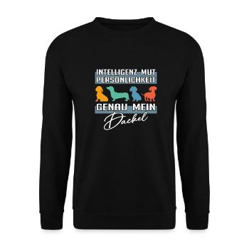 Intelligenz Mut Persönlichkeit - mein Dackel - Unisex Pullover - Schwarz - Vorne - Alina (178cm) & Michal (187cm)