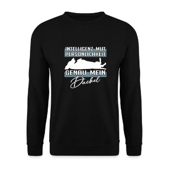 Intelligenz Mut Persönlichkeit - mein Dackel - Unisex Pullover - Schwarz - Vorne - Alina (178cm) & Michal (187cm)