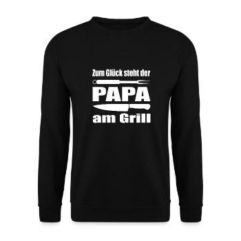Zum Glück steht Papa am Grill - Unisex Pullover - Schwarz - Vorne - Alina (178cm) & Michal (187cm)