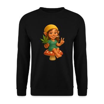 Knuffige Zwergin kifft auf Fliegenpilz - Cannabis - Unisex Pullover - Schwarz - Vorne - Alina (178cm) & Michal (187cm)