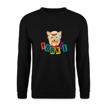 Lustiger Yorkie mit Hut und Schleife - Unisex Pullover - Schwarz - Vorne - Alina (178cm) & Michal (187cm)