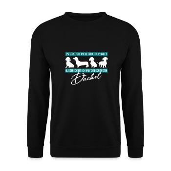 Ich hab den schönsten Dackel. Dackelsilhouetten - Unisex Pullover - Schwarz - Vorne - Alina (178cm) & Michal (187cm)