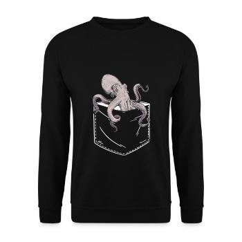 Oktopus In Der Brusttasche Design Krake Pocket Tin - Unisex Pullover - Schwarz - Vorne - Alina (178cm) & Michal (187cm)