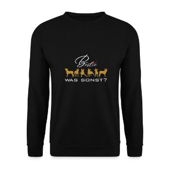 Bostie was sonst - mein Boston Terrier mit Herz - Unisex Pullover - Schwarz - Vorne - Alina (178cm) & Michal (187cm)