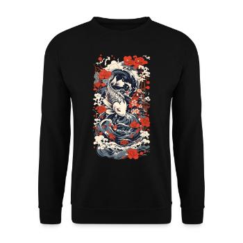 Japanischer Koi Kunststil Japan Wave Retro Stil - Unisex Pullover - Schwarz - Vorne - Alina (178cm) & Michal (187cm)