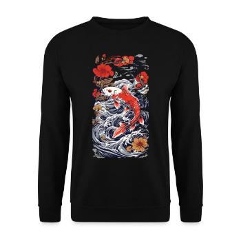 Retro Koi Ästhetik Fisch Wasser Japan Design - Unisex Pullover - Schwarz - Vorne - Alina (178cm) & Michal (187cm)