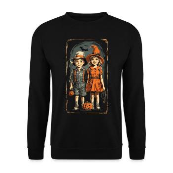 Kinder Halloween Vintage Kürbis Retro Art - Unisex Pullover - Schwarz - Vorne - Alina (178cm) & Michal (187cm)