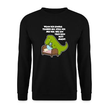 T-Rex beim Bett machen - Design - Unisex Pullover - Schwarz - Vorne - Alina (178cm) & Michal (187cm)