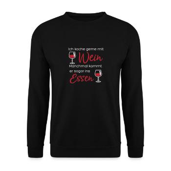 Ich koche gerne mit Wein. Manchmal kommt er sogar - Unisex Pullover - Schwarz - Vorne - Alina (178cm) & Michal (187cm)