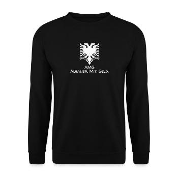 Albanien Flagge "AMG - Albaner mit Geld" - Unisex Pullover - Schwarz - Vorne - Alina (178cm) & Michal (187cm)