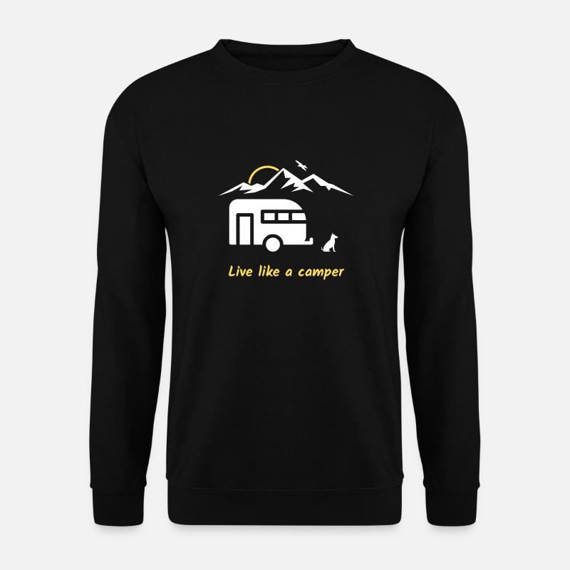 Live like a camper, Hund, Berge, Vogel, Wohnwagen - Unisex Pullover - Schwarz