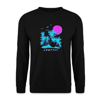 Vaporwave Palm Trees Kanji - Unisex Pullover - Schwarz - Vorne - Alina (178cm) & Michal (187cm)