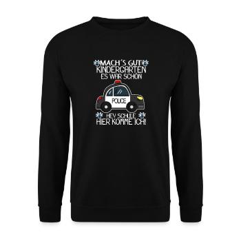 Einschulung Polizei Jungen Schulkind Geschenk - Unisex Pullover - Schwarz - Vorne - Alina (178cm) & Michal (187cm)