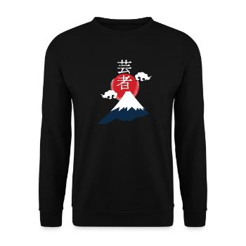 Geisha über Fuji: Rotes Sonnenmotiv - Unisex Pullover - Schwarz - Vorne - Alina (178cm) & Michal (187cm)