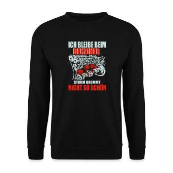 ICH BLEIBE BEIM BENZINER STROM BRUMMT NICHT - Unisex Pullover - Schwarz - Vorne - Alina (178cm) & Michal (187cm)